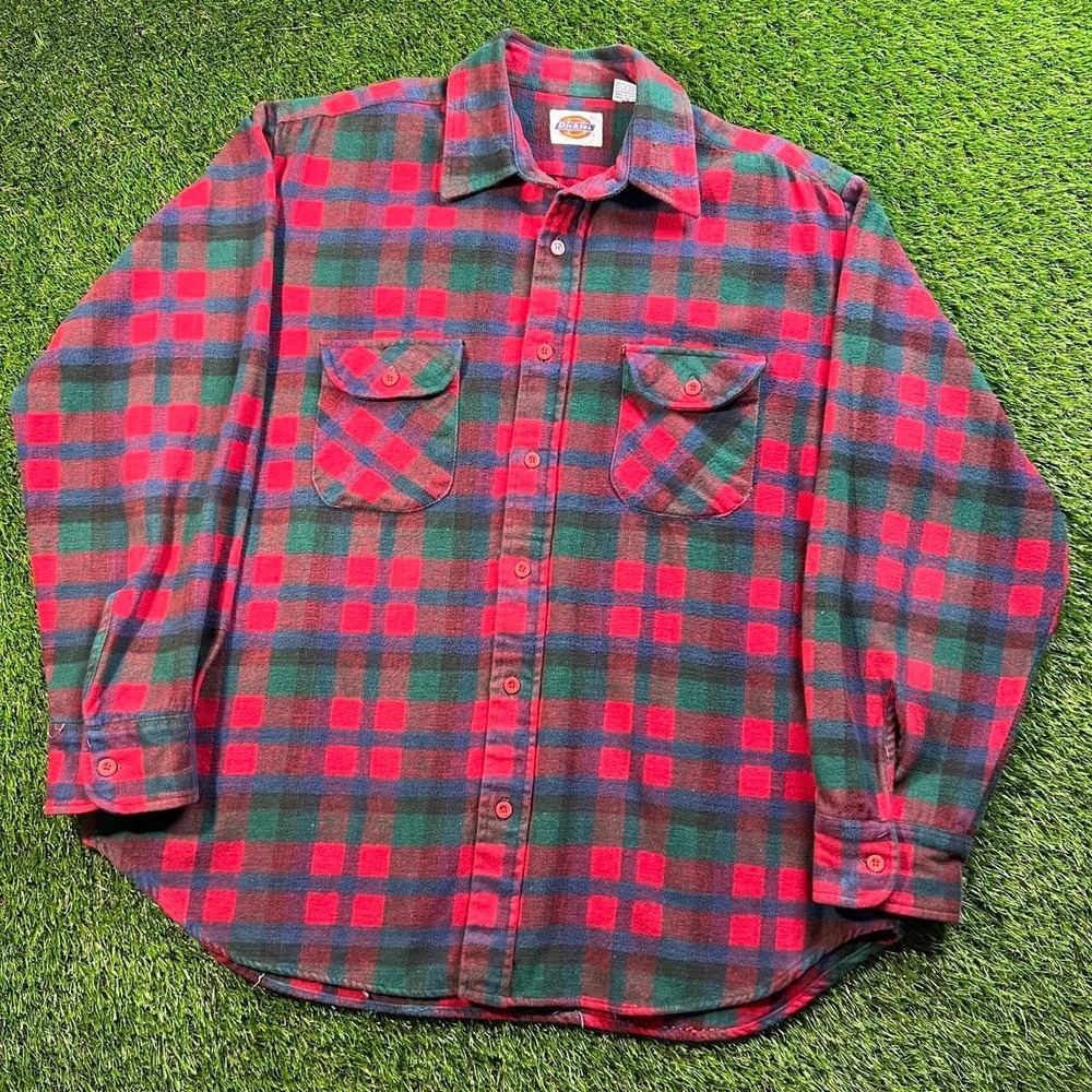 Vintage Dickies Flannel Shirt Men's XL Red Green Blue Plaid 90s Workwear Vintage